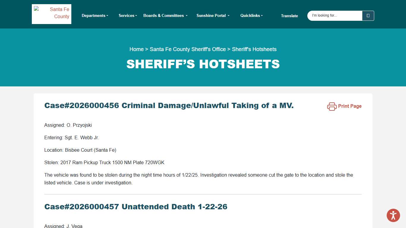 Sheriff’s Hotsheets Santa Fe County