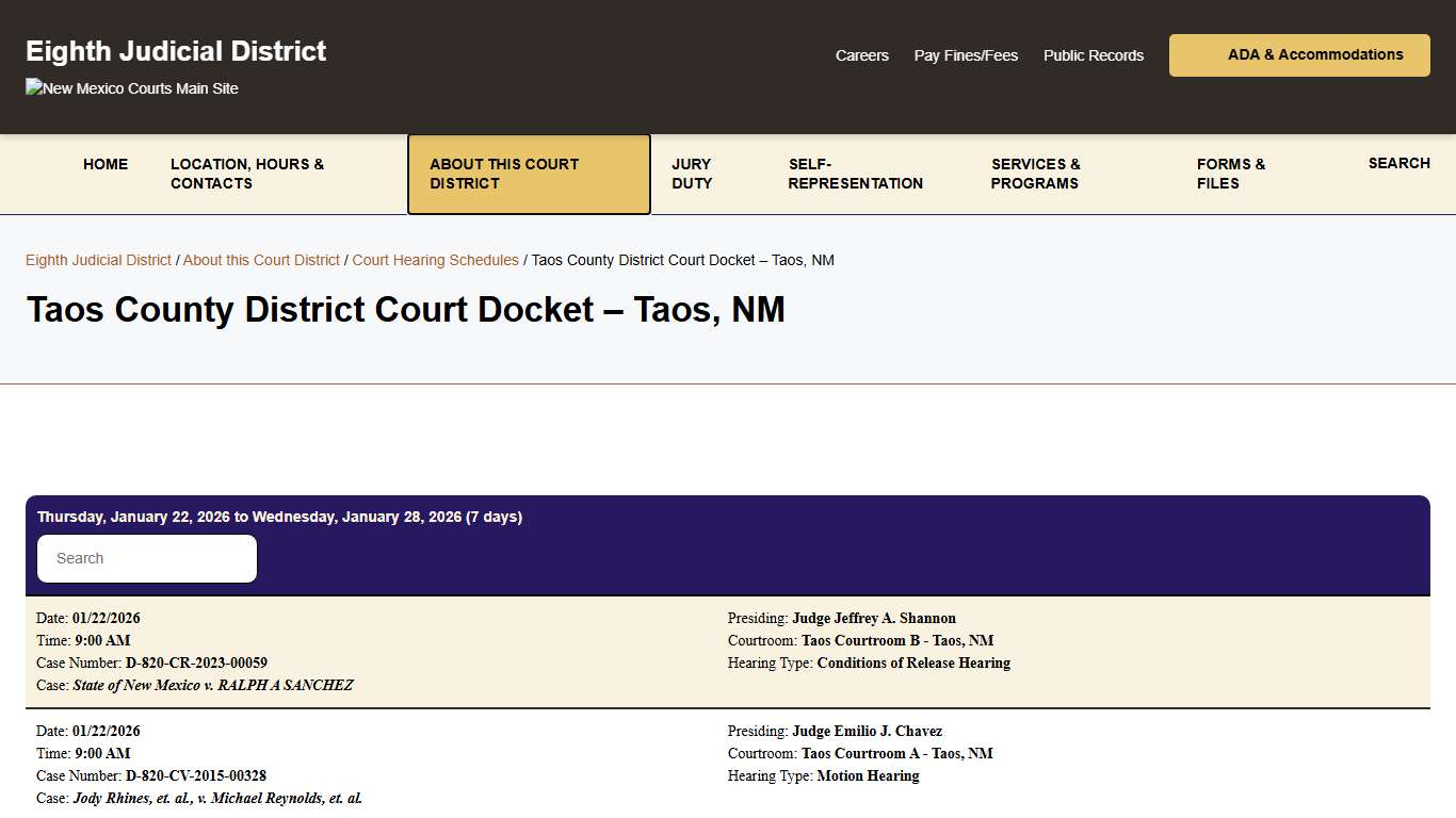Taos County District Court Docket – Taos, NM - Eighth Judicial District